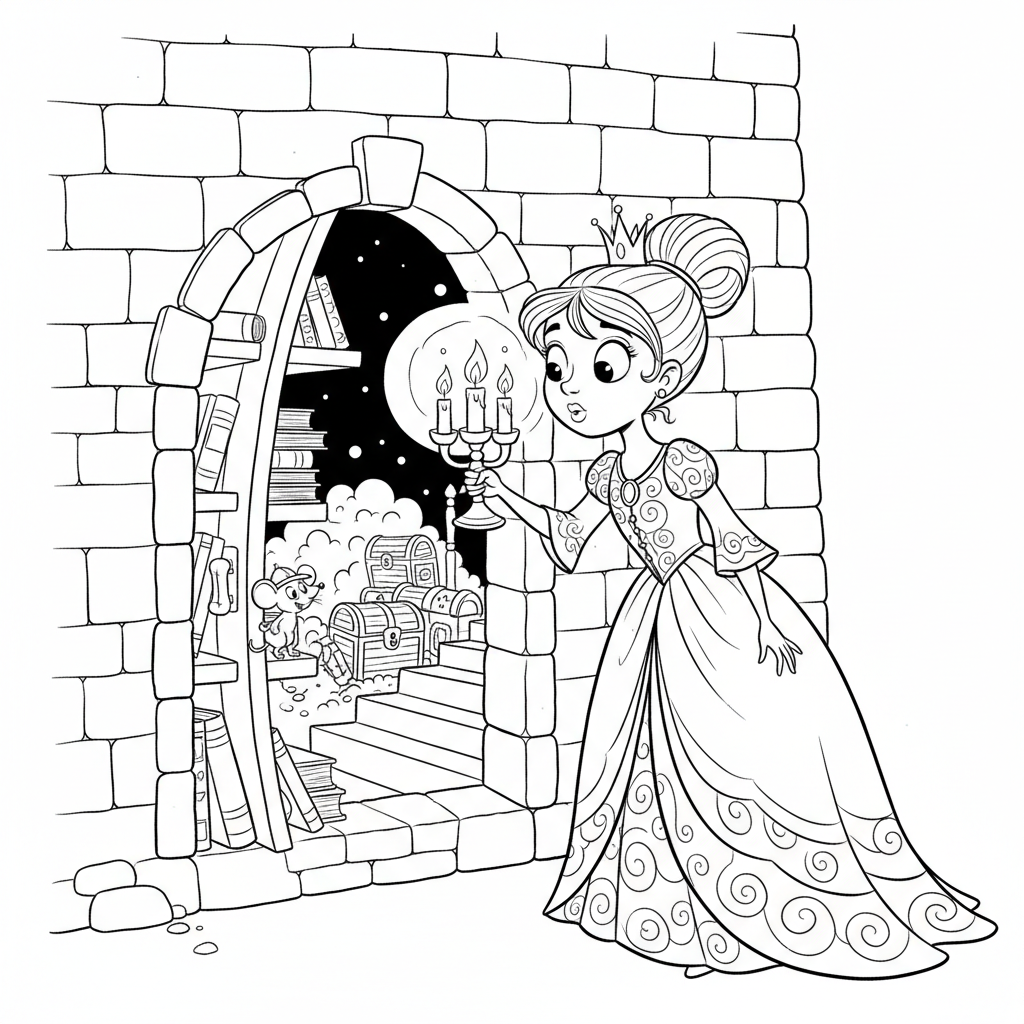 Księżniczka z ciekawskim wyrazem twarzy, odkrywająca ukryte tajne przejście w zamku, kolorowanka dla dzieci, czarne ko...