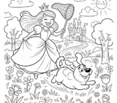 Księżniczka i jej wierny pies bawiący się na pięknej łące, kolorowanka dla dzieci, czarne kontury, białe tło.