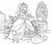 Księżniczka przygotowująca się do balu, ze służącymi pomagającymi jej w sukience, kolorowanka dla dzieci, czarne k...