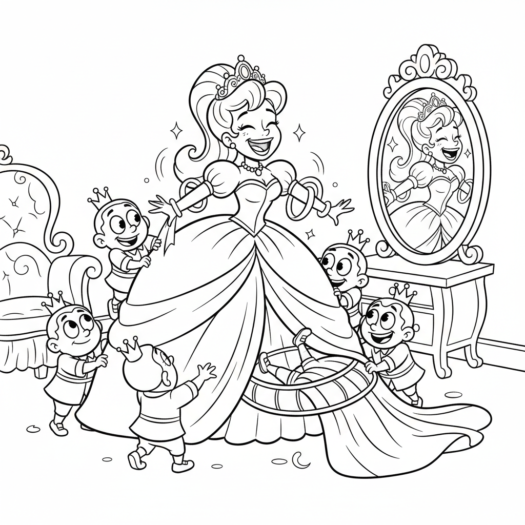 Księżniczka przygotowująca się do balu, ze służącymi pomagającymi jej w sukience, kolorowanka dla dzieci, czarne k...