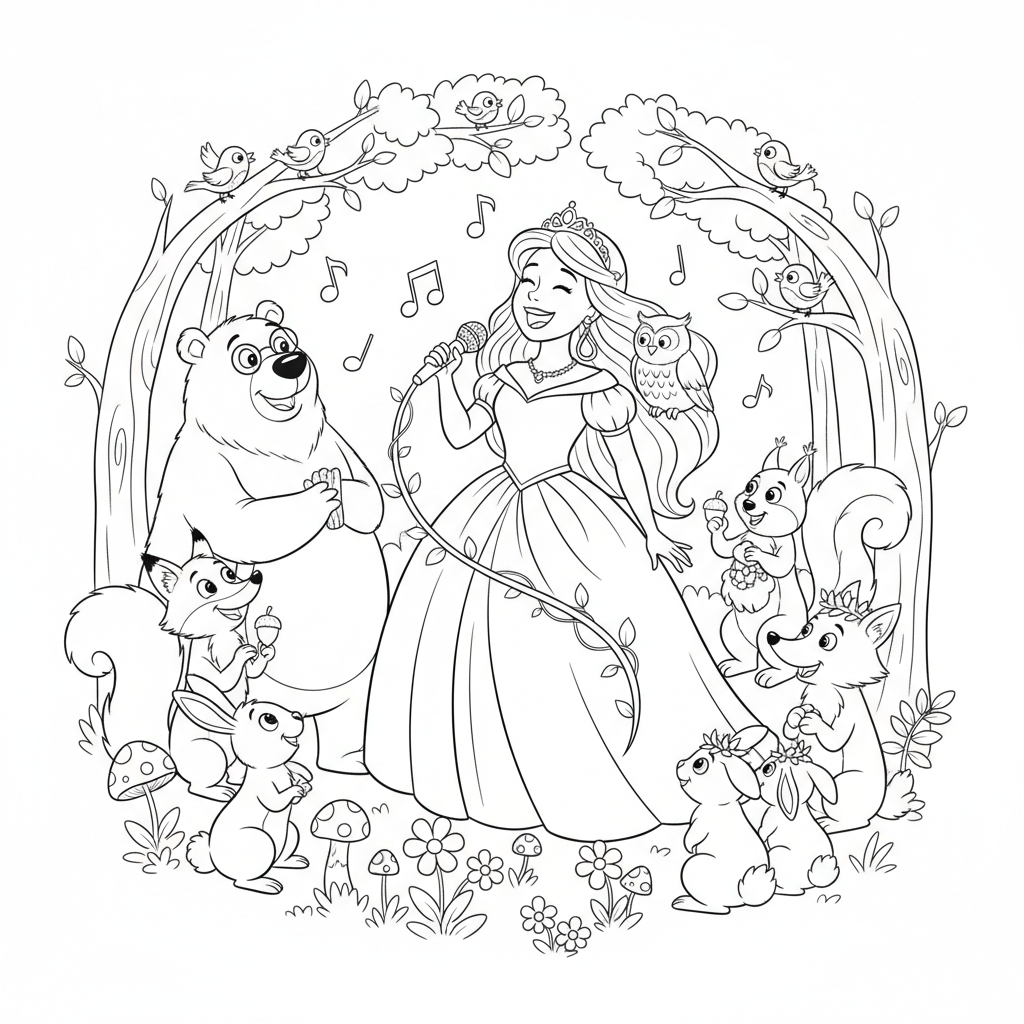 Księżniczka śpiewająca leśnym zwierzętom, które słuchają uważnie, kolorowanka dla dzieci, czarne kontury, białe...