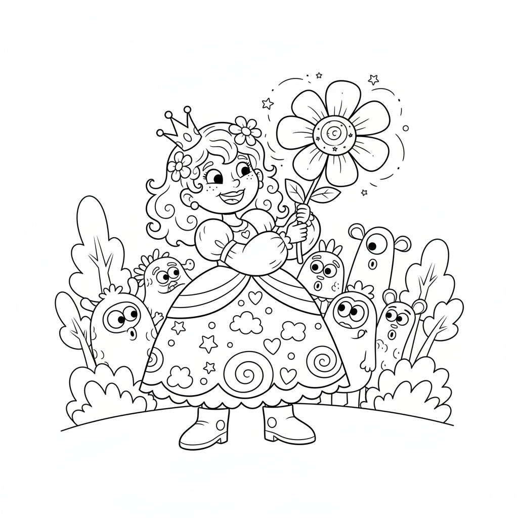 Księżniczka trzymająca magiczny, świecący kwiat, oświetlający ciemność, kolorowanka dla dzieci, czarne kontury, b...