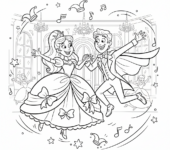 Księżniczka tańcząca z uroczym księciem na wielkim balu, wykonująca eleganckie kroki, kolorowanka dla dzieci, czarne...