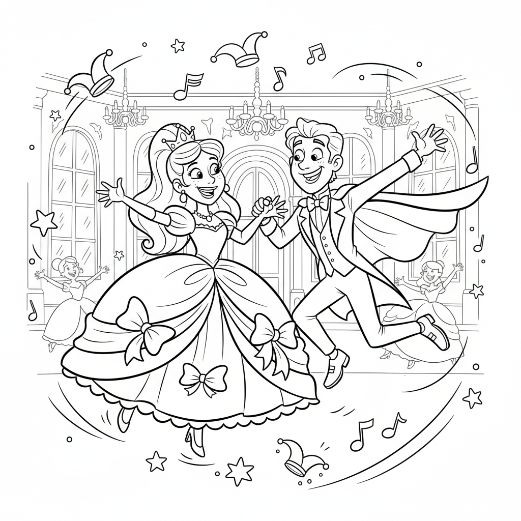 Księżniczka tańcząca z uroczym księciem na wielkim balu, wykonująca eleganckie kroki, kolorowanka dla dzieci, czarne...
