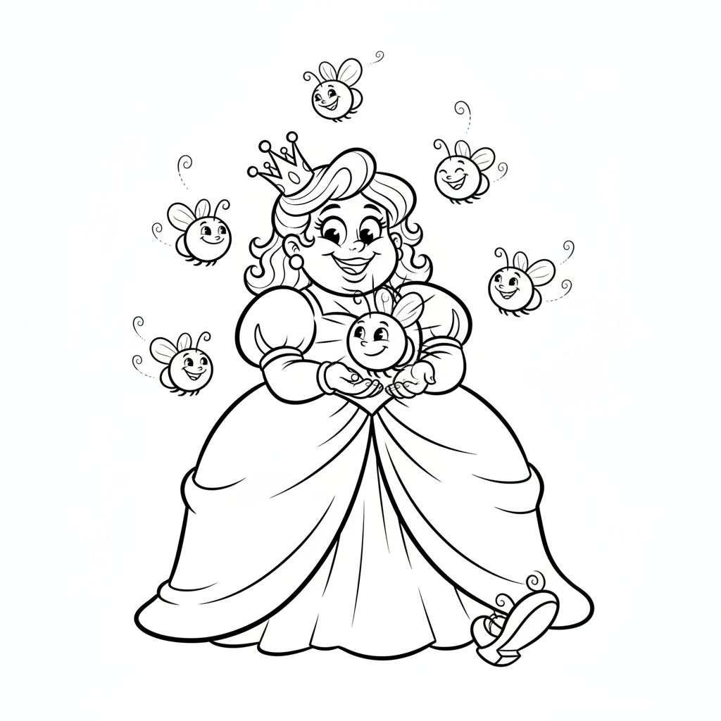 Księżniczka trzymająca małego, świecącego świetlika w złączonych dłoniach, black outline, white background, suit...