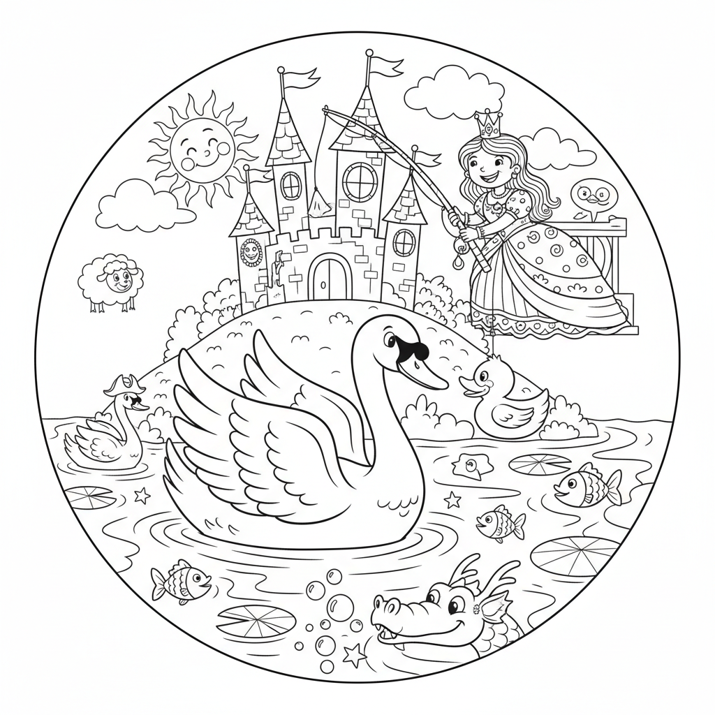 Gracja łabędź ślizgający się po fosie zamkowej, z księżniczką patrzącą z góry, kolorowanka dla dzieci, czarne ...