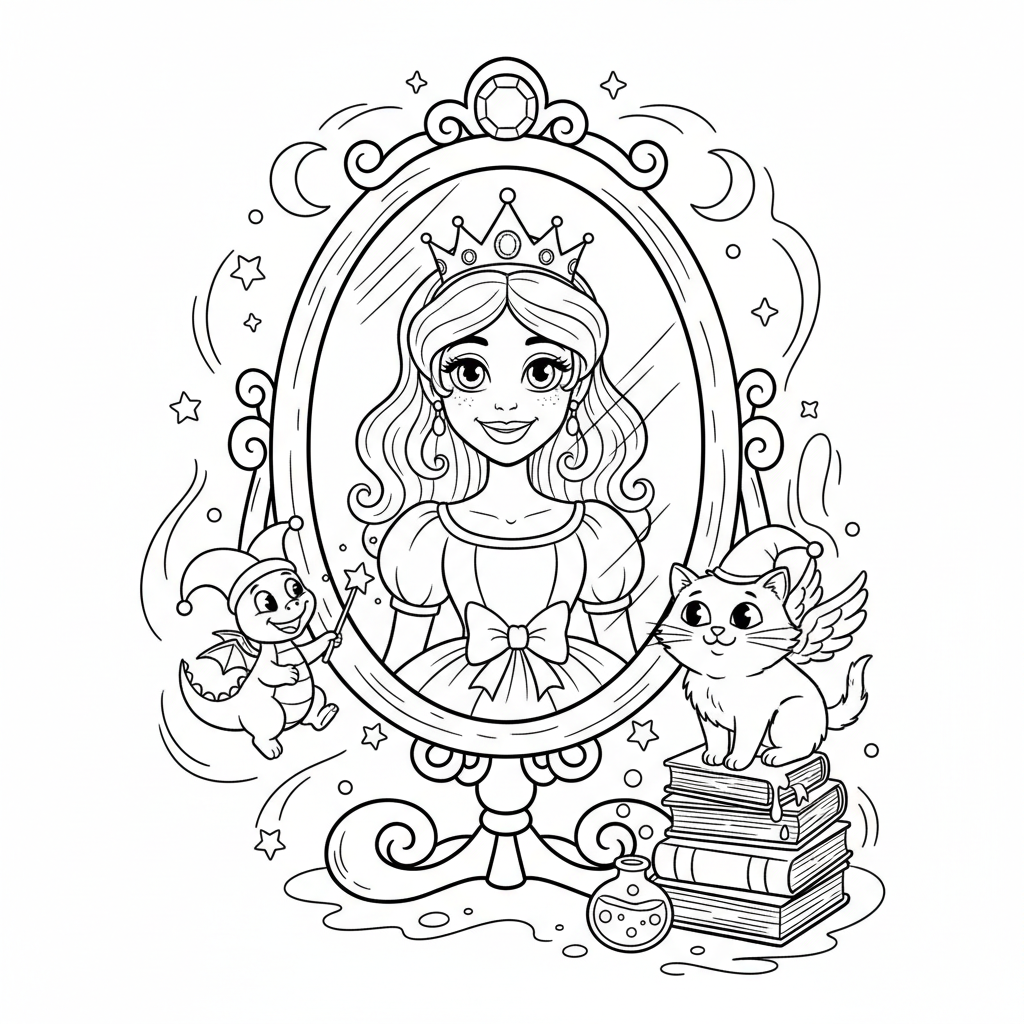 Magiczne lustro pokazujące piękne odbicie księżniczki, kolorowanka dla dzieci, czarne kontury, białe tło.