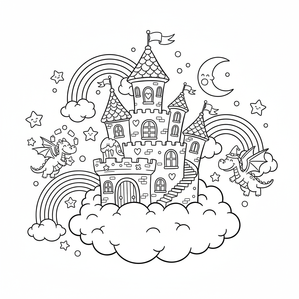 Magiczny zamek w chmurach, z tęczami i gwiazdami, kolorowanka dla dzieci, czarne kontury, białe tło.