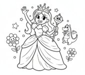 Piękna księżniczka w zwiewnej sukni i błyszczącej tiarze, machająca z gracją, kolorowanka dla dzieci, czarne kontur...