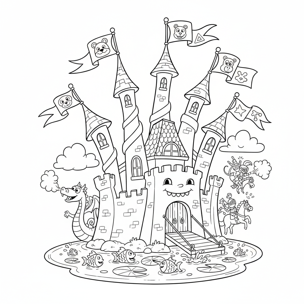 Wielki zamek z wysokimi wieżami i powiewającymi sztandarami, kolorowanka dla dzieci, czarne kontury, białe tło.
