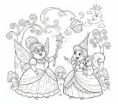 Wróżka chrzestna spełniająca życzenie księżniczce magiczną różdżką, kolorowanka dla dzieci, czarne kontury, bi...