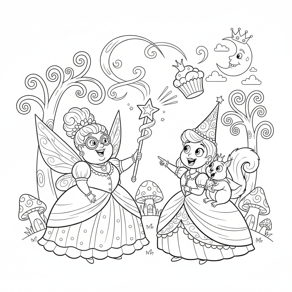 Wróżka chrzestna spełniająca życzenie księżniczce magiczną różdżką, kolorowanka dla dzieci, czarne kontury, bi...