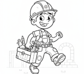Wesoły młody budowniczy w kasku, niosący skrzynkę narzędziową, black outline, white background, suitable for kids co...