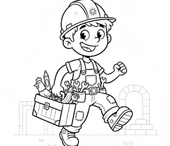 Wesoły młody budowniczy w kasku, niosący skrzynkę narzędziową, black outline, white background, suitable for kids co...