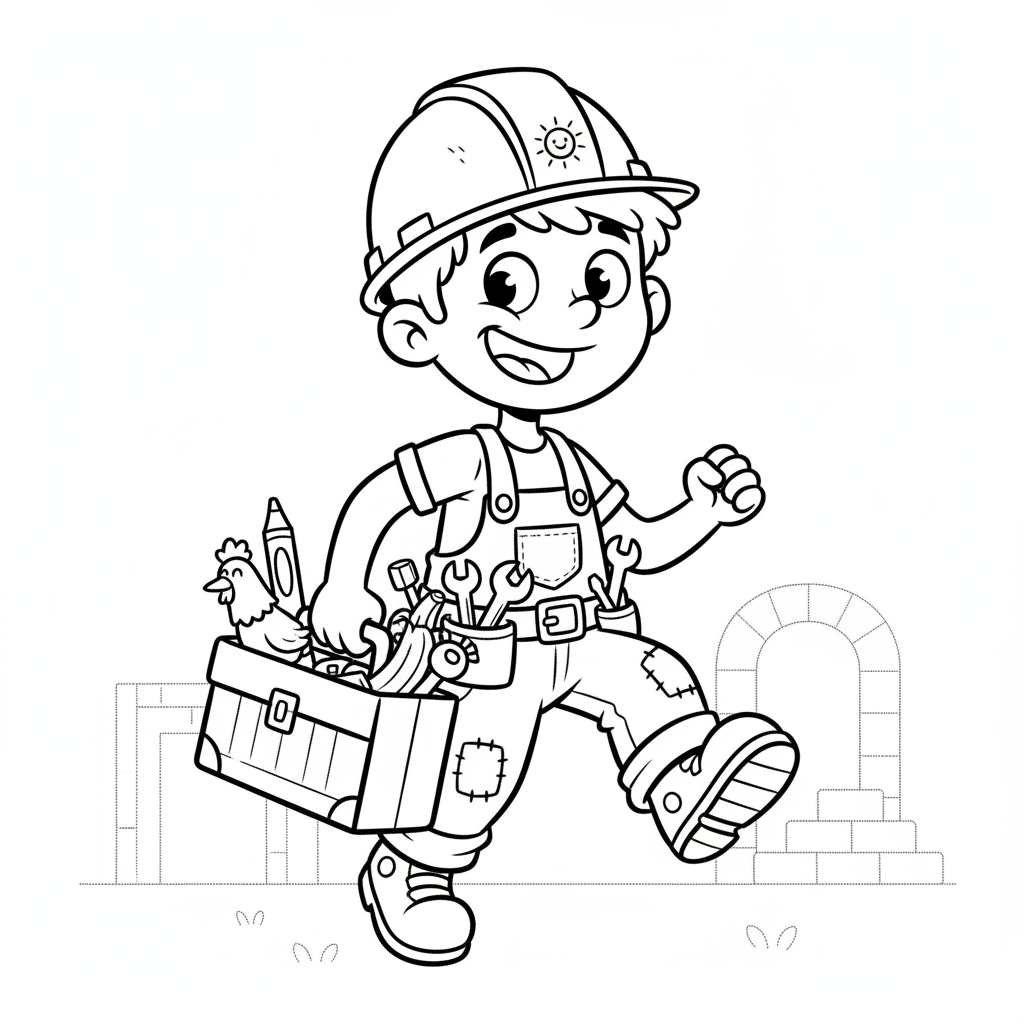 Wesoły młody budowniczy w kasku, niosący skrzynkę narzędziową, black outline, white background, suitable for kids co...