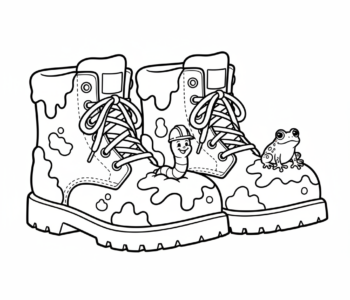 Para solidnych butów, ubłoconych od ciężkiej pracy, kolorowanka dla dzieci, czarne kontury, białe tło.