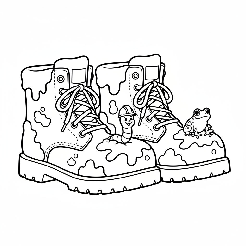 Para solidnych butów, ubłoconych od ciężkiej pracy, kolorowanka dla dzieci, czarne kontury, białe tło.