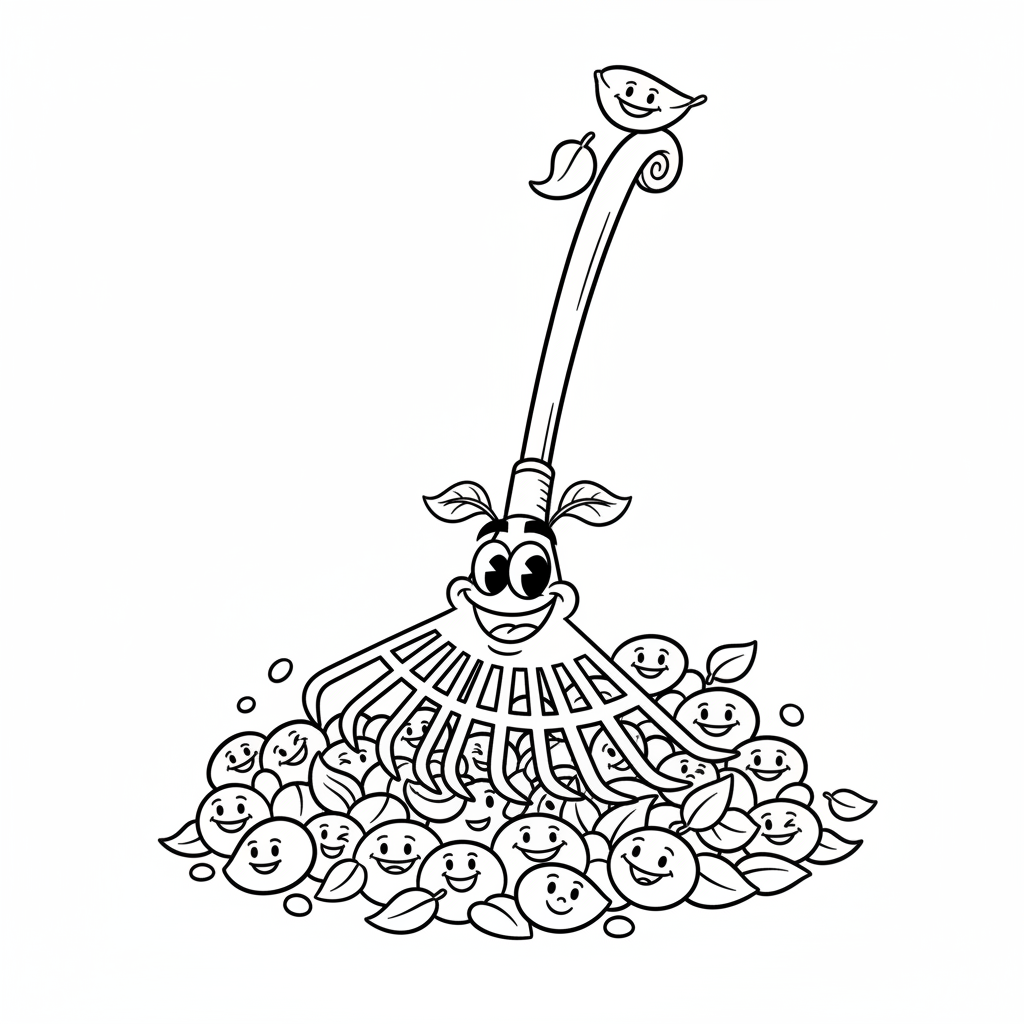 Grabie ogrodowe z wieloma zębami, do sprzątania liści, kolorowanka dla dzieci, czarne kontury, białe tło.