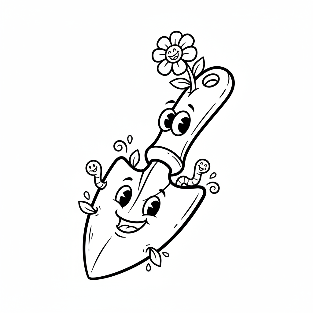 Kielnia z zaostrzonym ostrzem, do kopania i wygładzania w ogrodzie, kolorowanka dla dzieci, czarne kontury, białe tło.