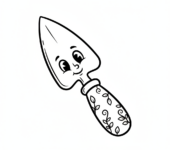 Kielnia z zaostrzonym ostrzem, do kopania i wygładzania w ogrodzie, kolorowanka dla dzieci, czarne kontury, białe tło.