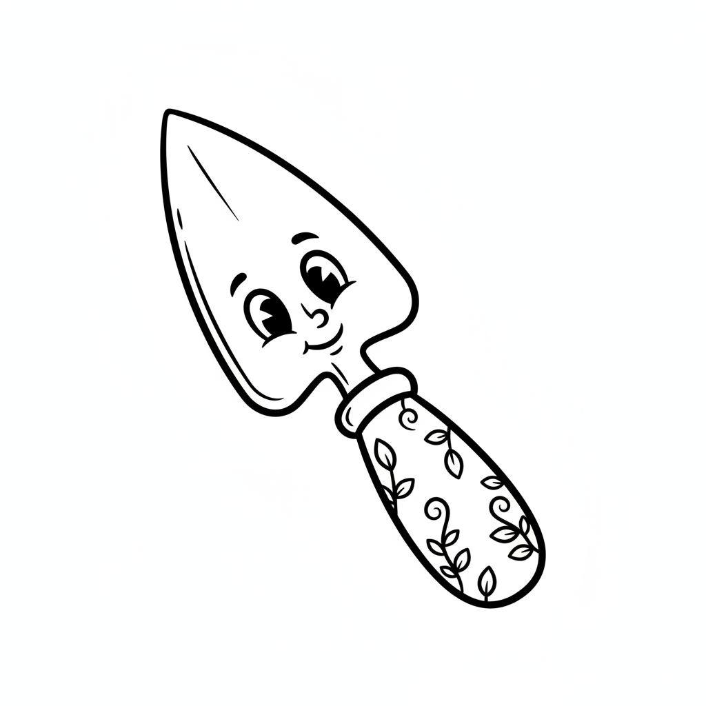 Kielnia z zaostrzonym ostrzem, do kopania i wygładzania w ogrodzie, kolorowanka dla dzieci, czarne kontury, białe tło.