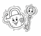 Kłódka z kluczem, symbolizująca bezpieczeństwo, kolorowanka dla dzieci, czarne kontury, białe tło.