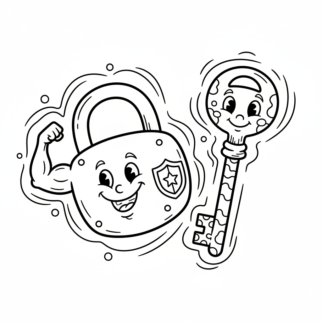 Kłódka z kluczem, symbolizująca bezpieczeństwo, kolorowanka dla dzieci, czarne kontury, białe tło.