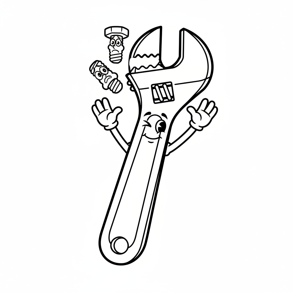 Klucz nastawny z otwartą szczęką, gotowy do dokręcania śrub, kolorowanka dla dzieci, czarne kontury, białe tło.