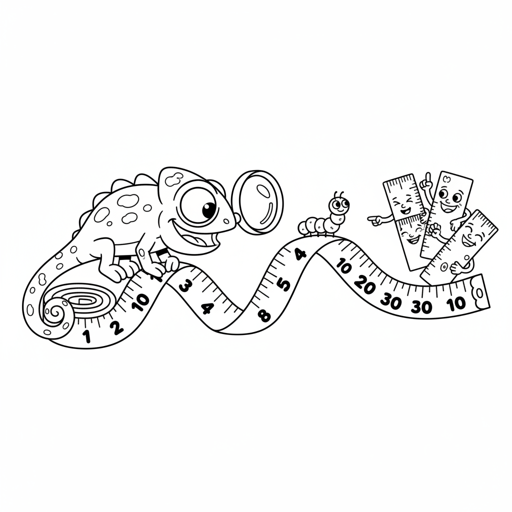 Miarka zwijana rozciągnięta, aby pokazać długość, z wyraźnymi oznaczeniami, kolorowanka dla dzieci, czarne kontury,...