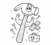 Klasyczny młotek ciesielski z drewnianą rączką, gotowy do budowania, kolorowanka dla dzieci, czarne kontury, białe tło.