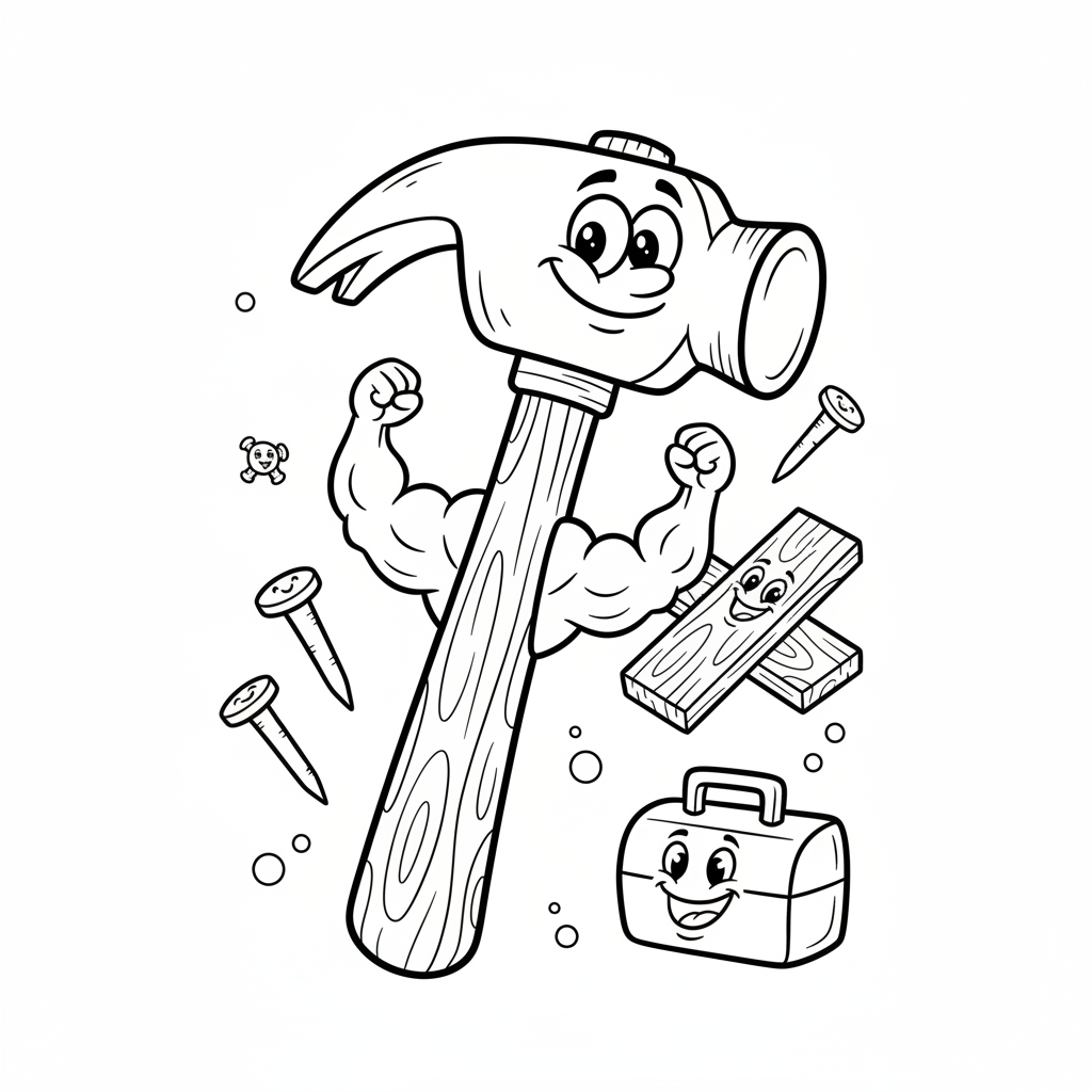 Klasyczny młotek ciesielski z drewnianą rączką, gotowy do budowania, kolorowanka dla dzieci, czarne kontury, białe tło.