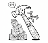 Klasyczny młotek ciesielski z drewnianą rączką, gotowy do budowania, kolorowanka dla dzieci, czarne kontury, białe tło.