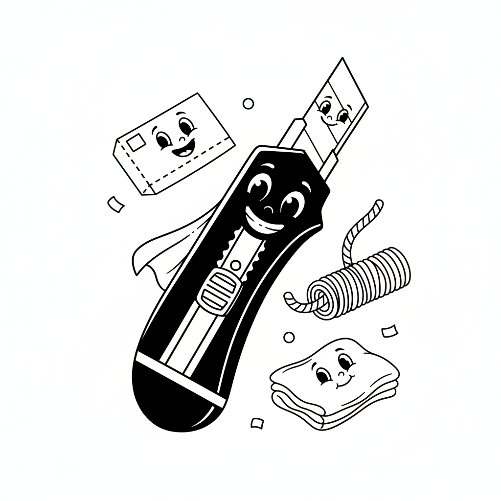 Nóż uniwersalny z chowanym ostrzem, do różnych zadań cięcia, kolorowanka dla dzieci, czarne kontury, białe tło.