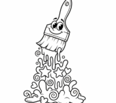 Wesoły pędzel kapiący wyimaginowaną farbą, kolorowanka dla dzieci, czarne kontury, białe tło.