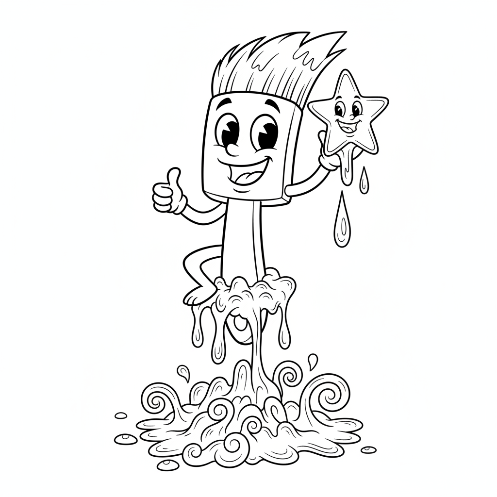 Wesoły pędzel kapiący wyimaginowaną farbą, kolorowanka dla dzieci, czarne kontury, białe tło.