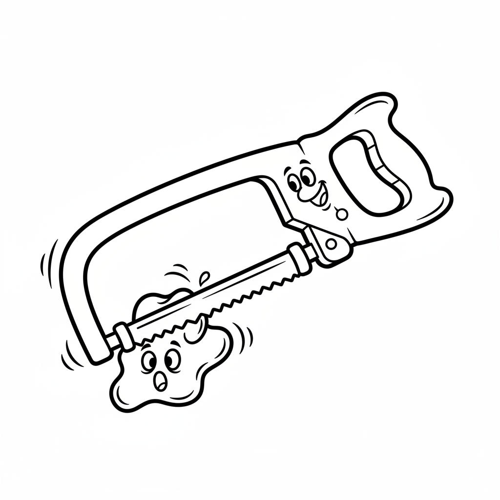 Piła do metalu do cięcia metalu, z solidną ramą, kolorowanka dla dzieci, czarne kontury, białe tło.