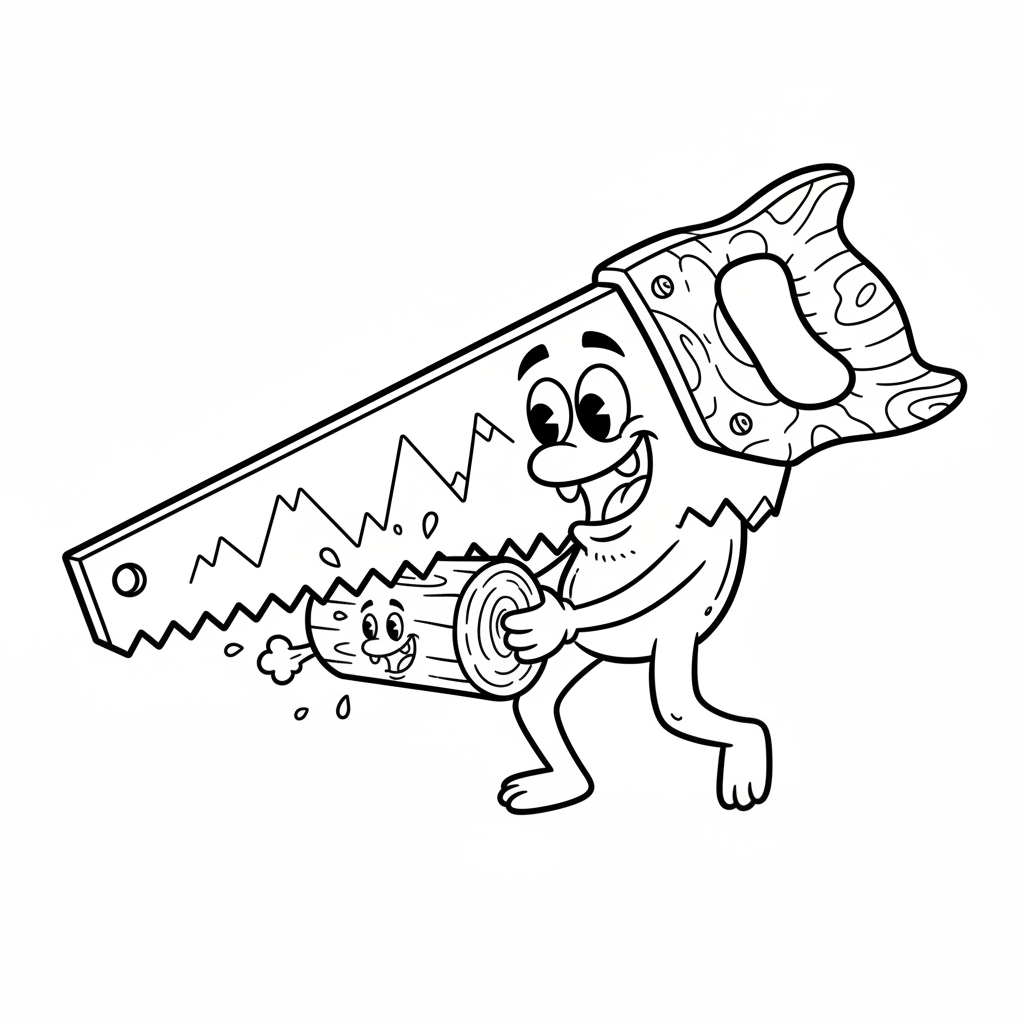 Ostra piła ręczna z ząbkowanym ostrzem, idealna do cięcia drewna, kolorowanka dla dzieci, czarne kontury, białe tło.