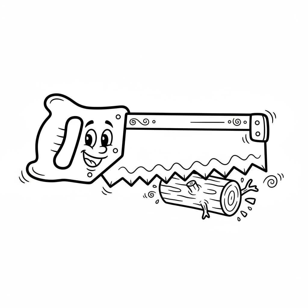 Ostra piła ręczna z ząbkowanym ostrzem, idealna do cięcia drewna, kolorowanka dla dzieci, czarne kontury, białe tło.