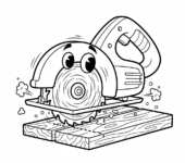 Piła tarczowa z wirującym ostrzem, używana do precyzyjnych cięć, kolorowanka dla dzieci, czarne kontury, białe tło.