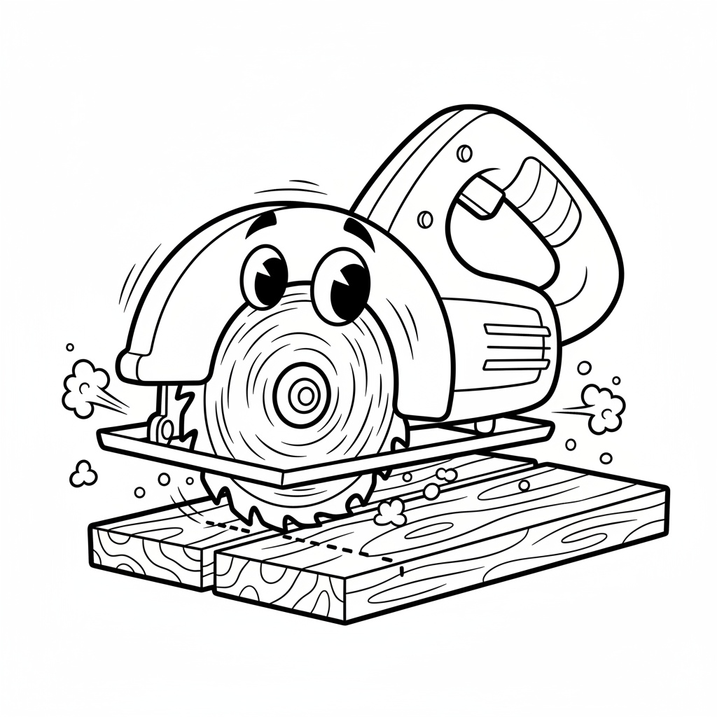 Piła tarczowa z wirującym ostrzem, używana do precyzyjnych cięć, kolorowanka dla dzieci, czarne kontury, białe tło.