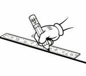 Ręka trzymająca ołówek i linijkę, rysująca prostą linię, black outline, white background, suitable for kids colori...