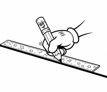 Ręka trzymająca ołówek i linijkę, rysująca prostą linię, black outline, white background, suitable for kids colori...