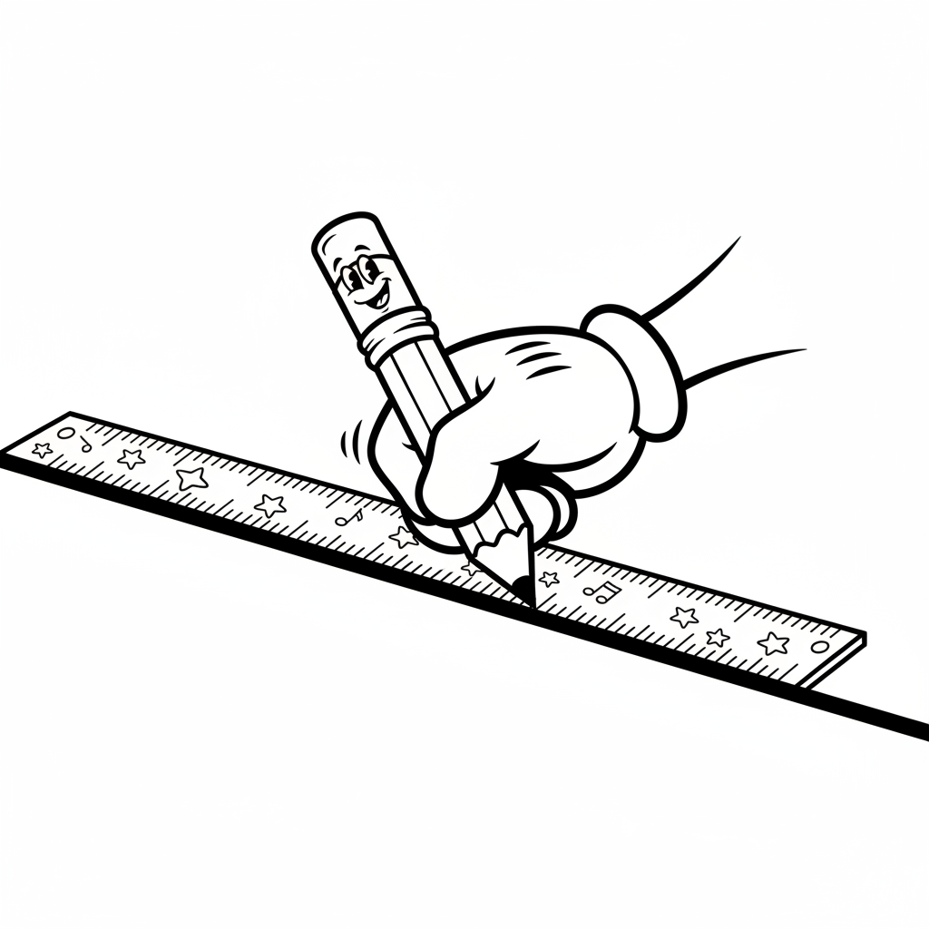 Ręka trzymająca ołówek i linijkę, rysująca prostą linię, black outline, white background, suitable for kids colori...