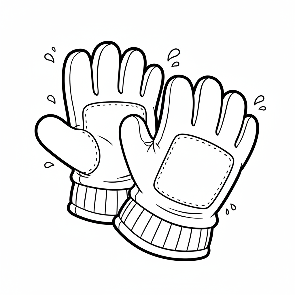 Para rękawic roboczych, niezbędnych do ochrony dłoni, kolorowanka dla dzieci, czarne kontury, białe tło.
