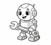 Mały, uroczy robot trzymający klucz francuski, wyglądający pomocnie, kolorowanka dla dzieci, czarne kontury, białe tło.