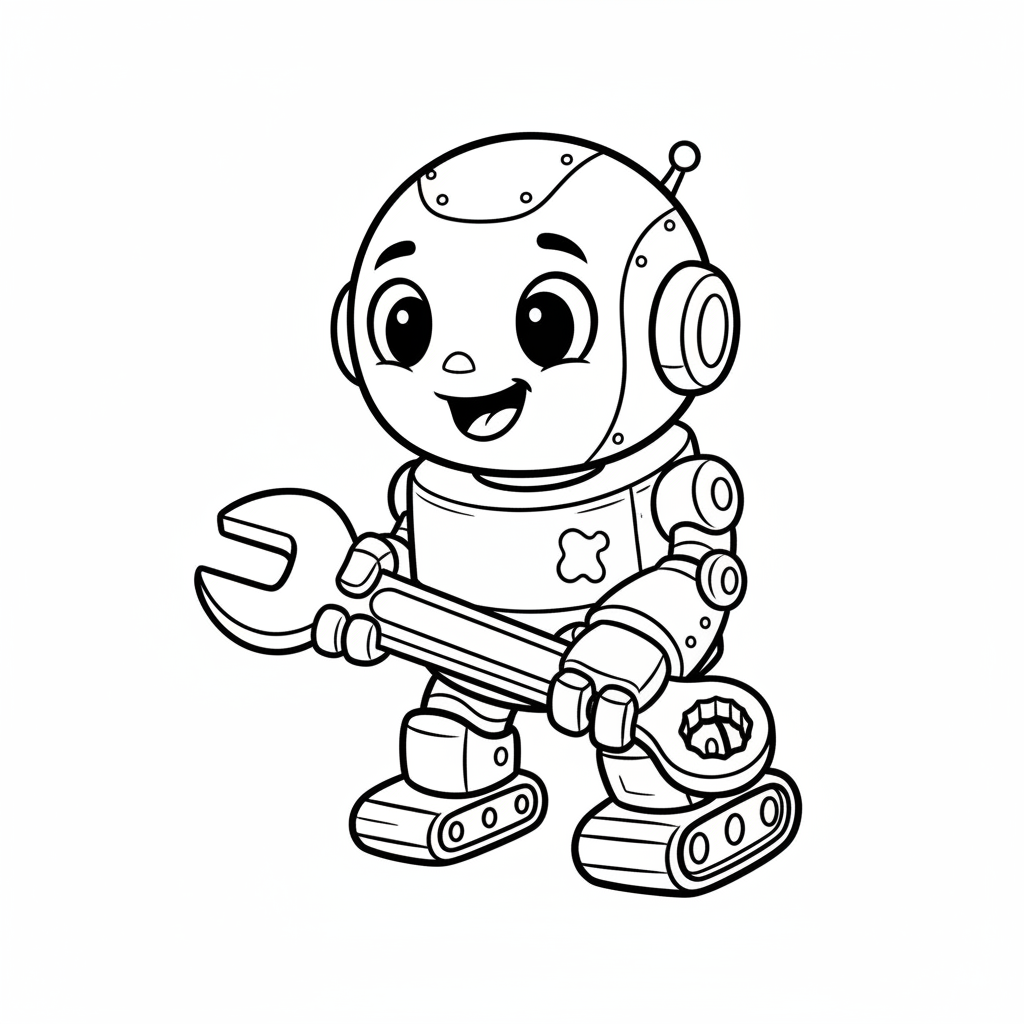 Mały, uroczy robot trzymający klucz francuski, wyglądający pomocnie, kolorowanka dla dzieci, czarne kontury, białe tło.