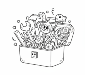 Skrzynka narzędziowa pełna różnych narzędzi, zorganizowana i gotowa do użycia, kolorowanka dla dzieci, czarne kontur...