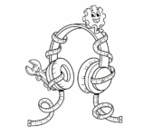 Para słuchawek z miarką owiniętą wokół nich, symbolizująca precyzję w pracy, black outline, white background, suit...