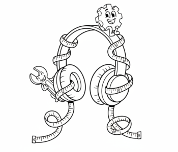 Para słuchawek z miarką owiniętą wokół nich, symbolizująca precyzję w pracy, black outline, white background, suit...