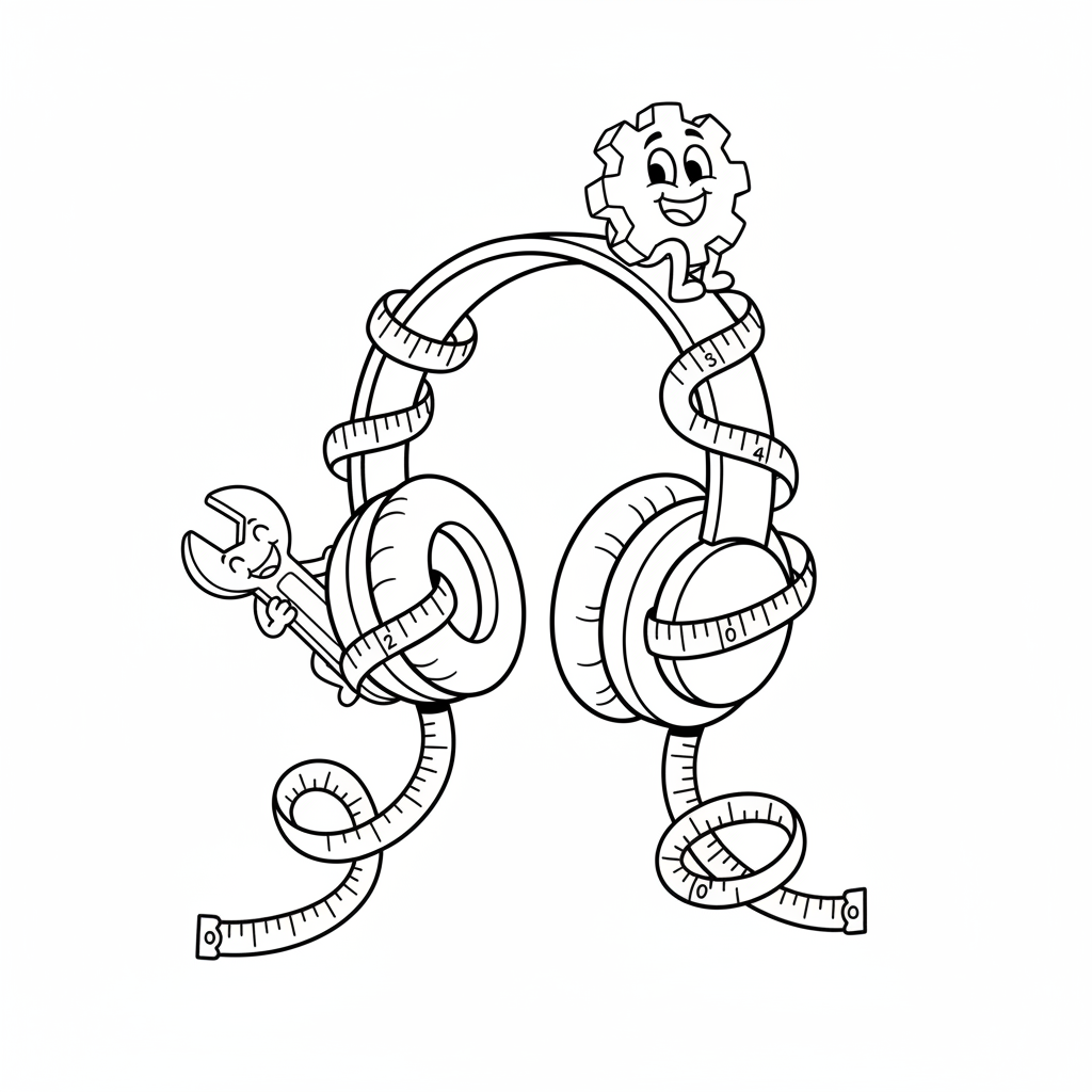 Para słuchawek z miarką owiniętą wokół nich, symbolizująca precyzję w pracy, black outline, white background, suit...